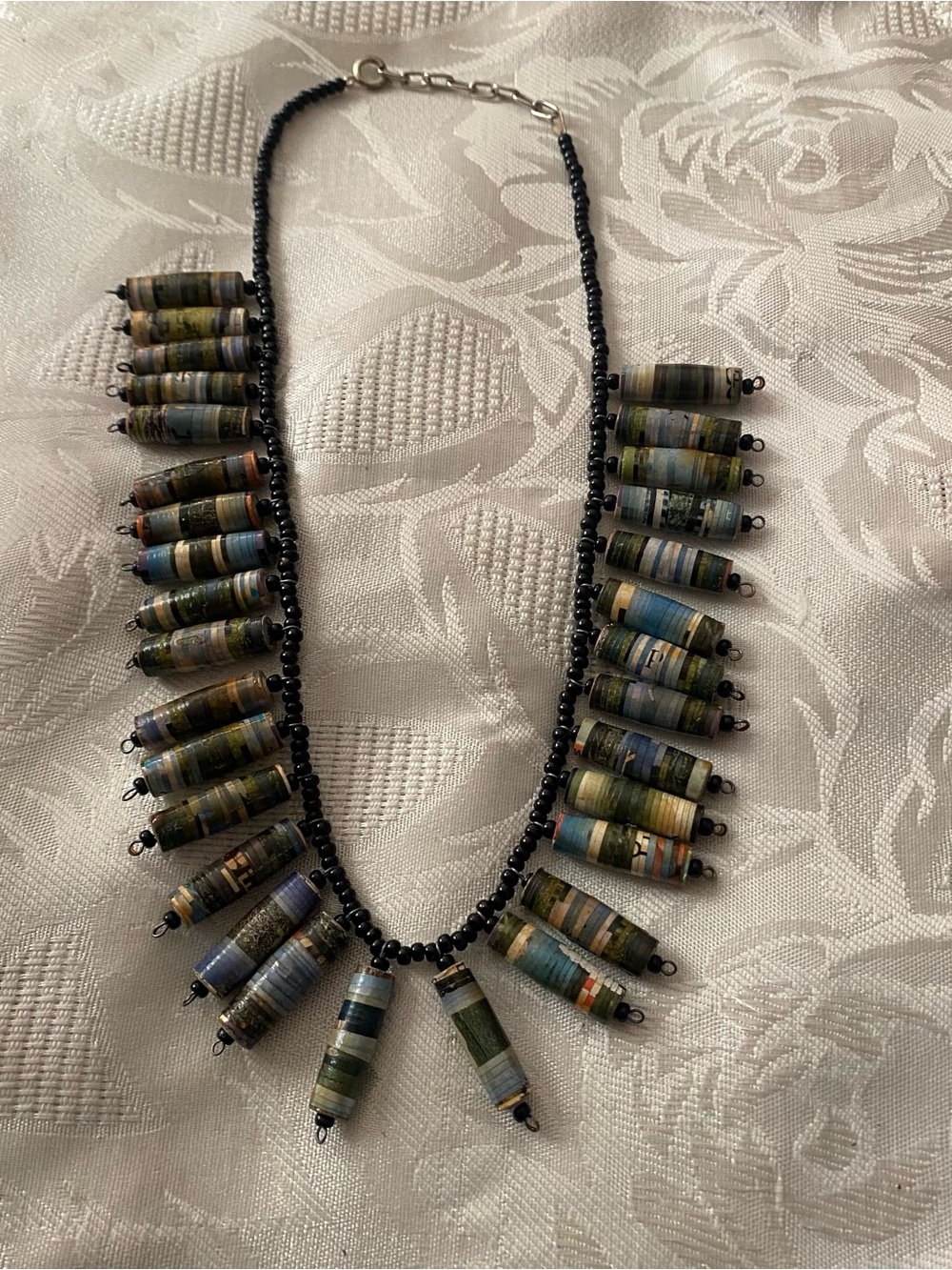 16” Beaded Bib Statement Necklace Cylinder Painted Clay & Seed Beads Boho